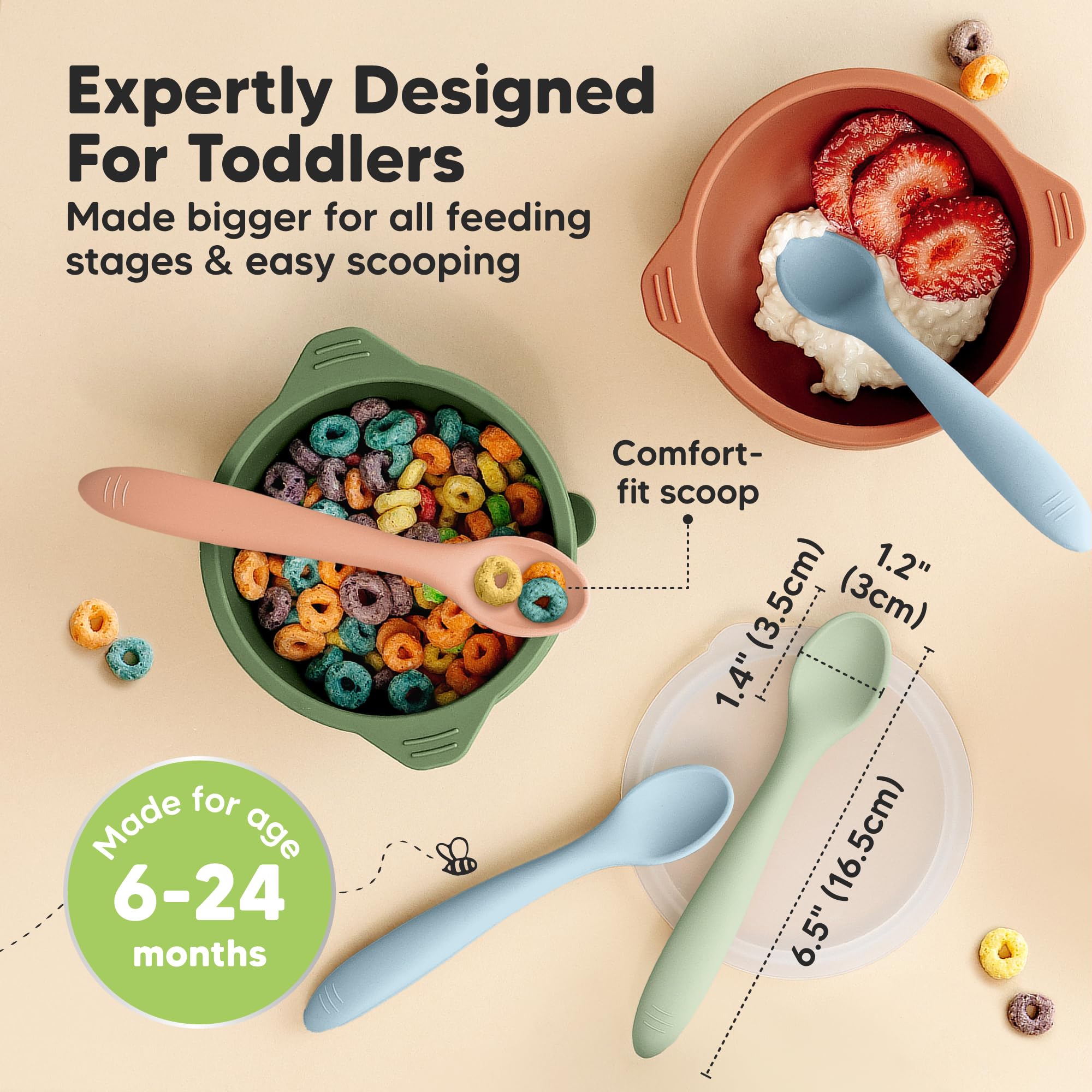 KeaBabies spoons in use for self-feeding with puree and soft solids.