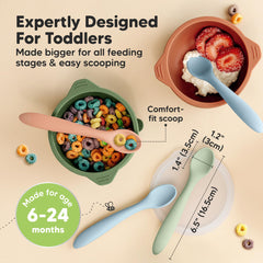 KeaBabies spoons in use for self-feeding with puree and soft solids.
