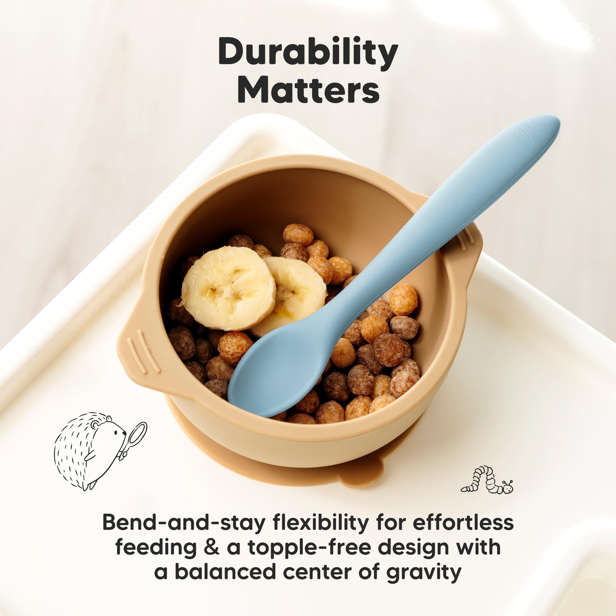 KeaBabies spoon shown with prep bowls for extra mealtime fun.