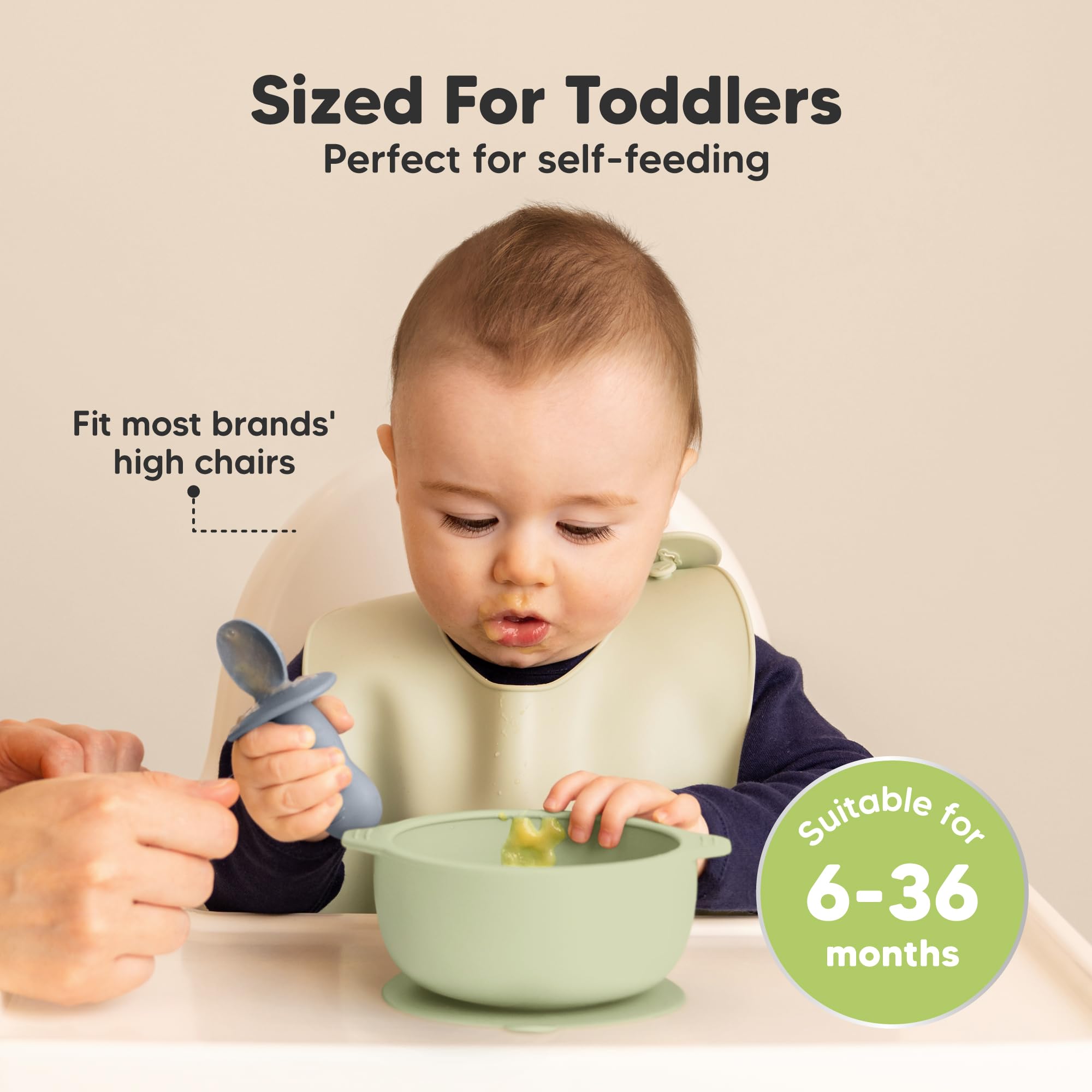 KeaBabies two silicone bowls on a high chair tray demonstrate stability during mealtime.
