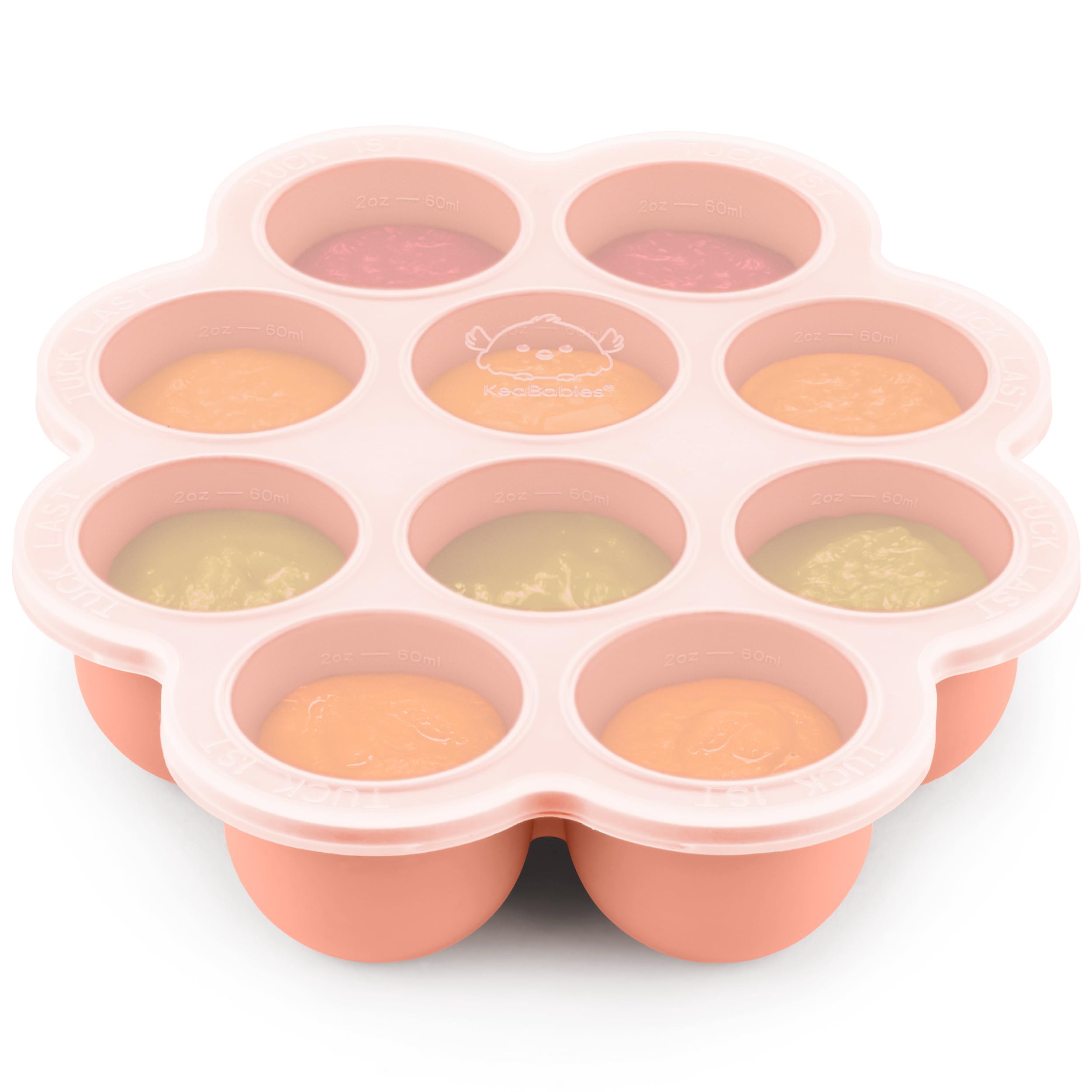 KeaBabies silicone freezer tray with lid on countertop keeps baby meals fresh.