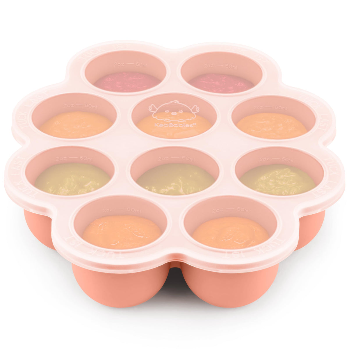 KeaBabies silicone freezer tray with lid on countertop keeps baby meals fresh.
