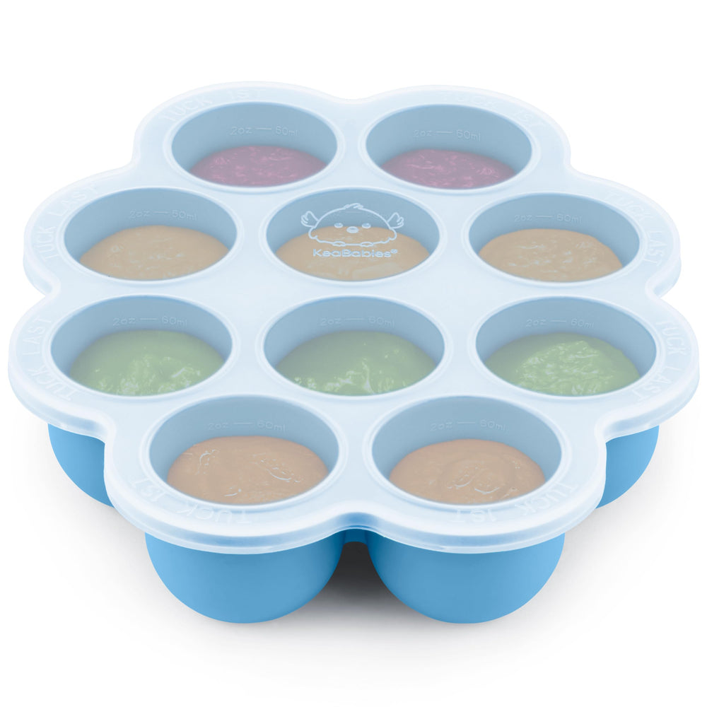 KeaBabies silicone freezer tray with lid displaying 10 x 2oz cubes for baby food storage.