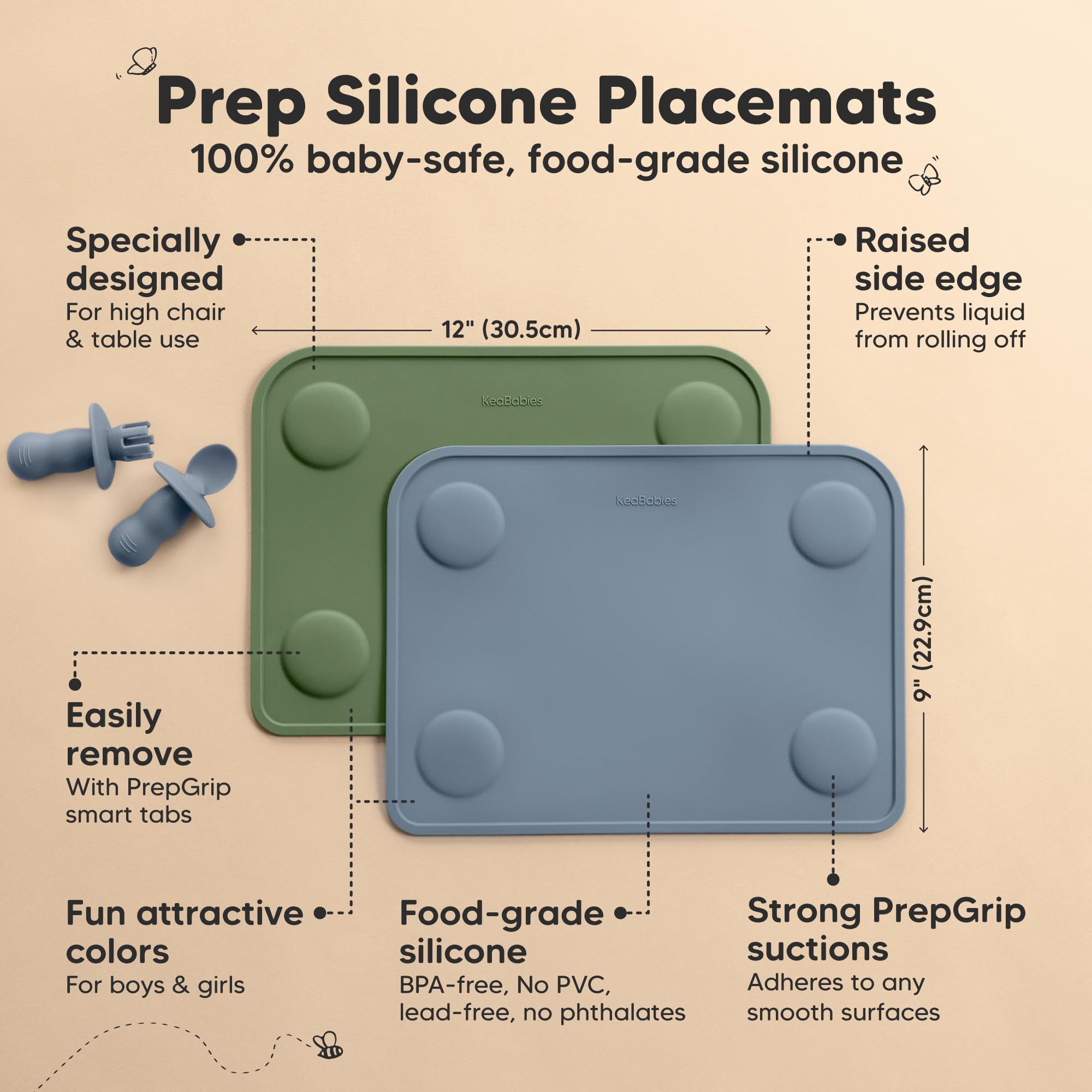 KeaBabies slate placemats with raised edges catch crumbs for quick cleanup.