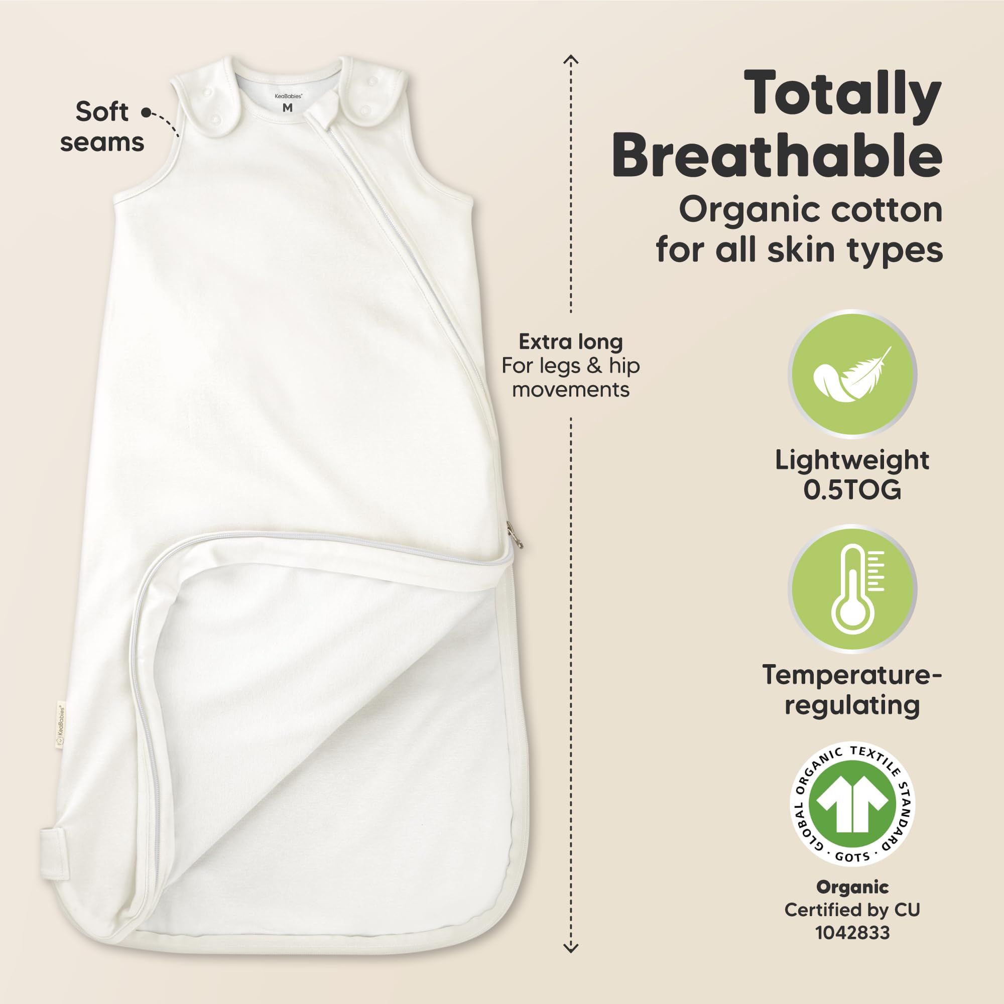 KeaBabies Sleep Sack zip-design close-up demonstrates easy diaper changes.