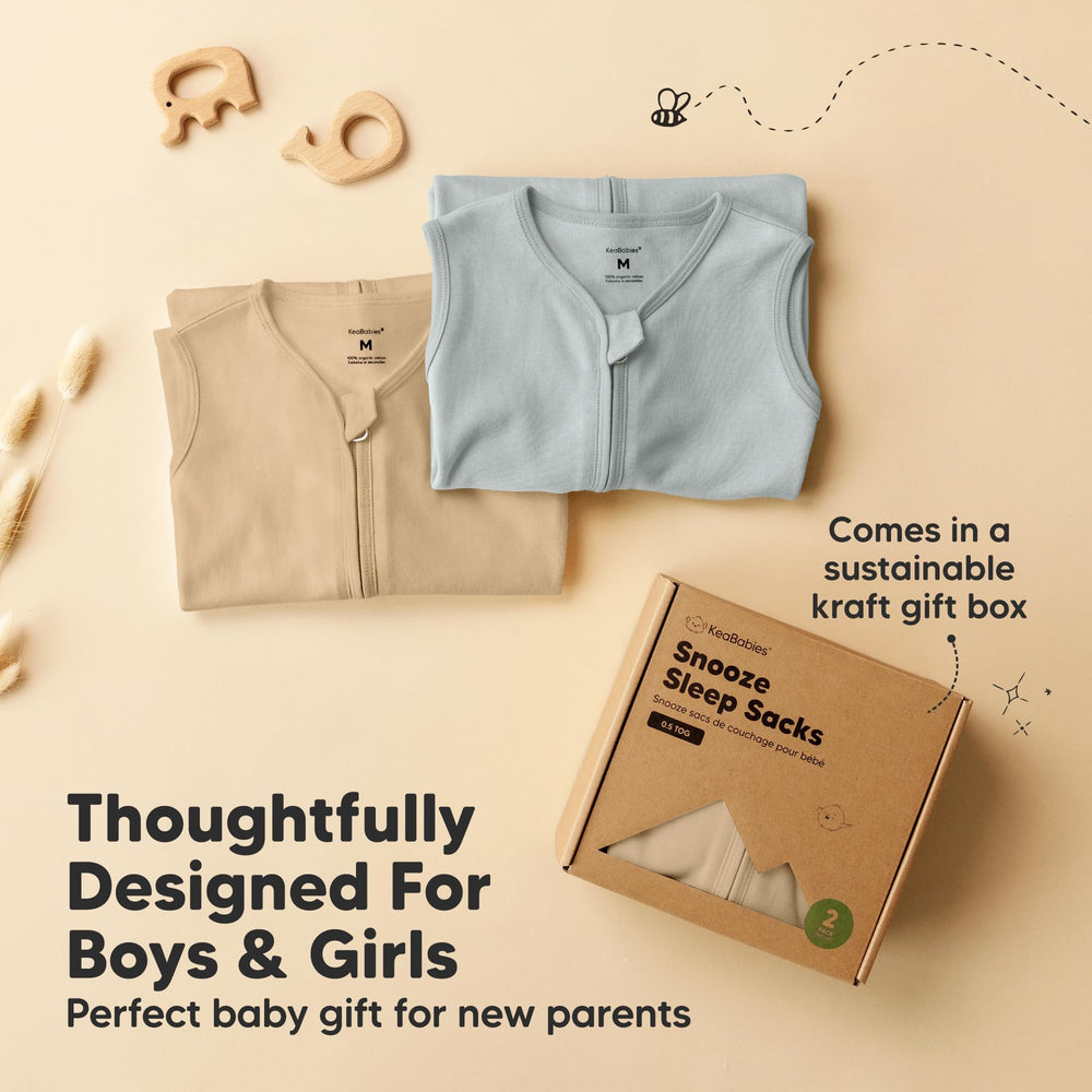 KeaBabies wearable blanket on a sleeping infant conveys snug, soft warmth.