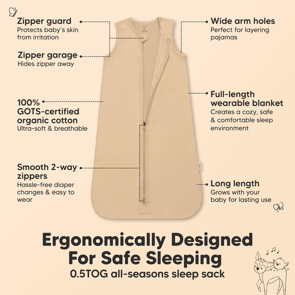 KeaBabies sleep sacks highlight hip area and leg mobility for comfortable sleep.