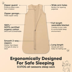 KeaBabies sleep sacks highlight hip area and leg mobility for comfortable sleep.