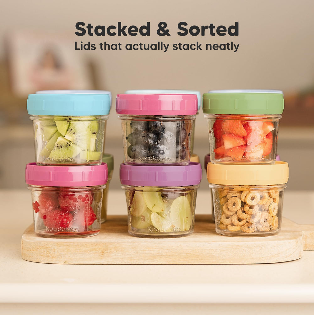 Smart stacking design reduces clutter in pantry and fridge.
