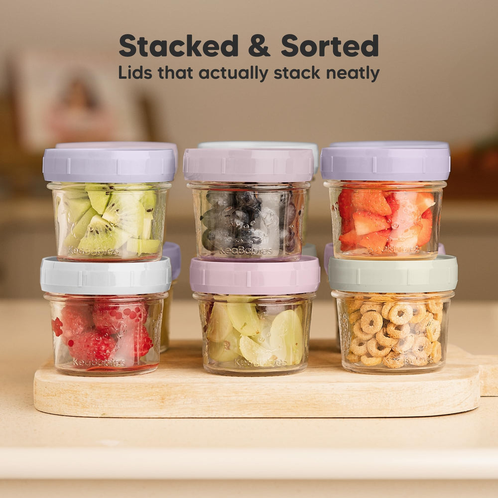 KeaBabies 4 oz jars include a smart stacking lid for secure, space-saving storage.