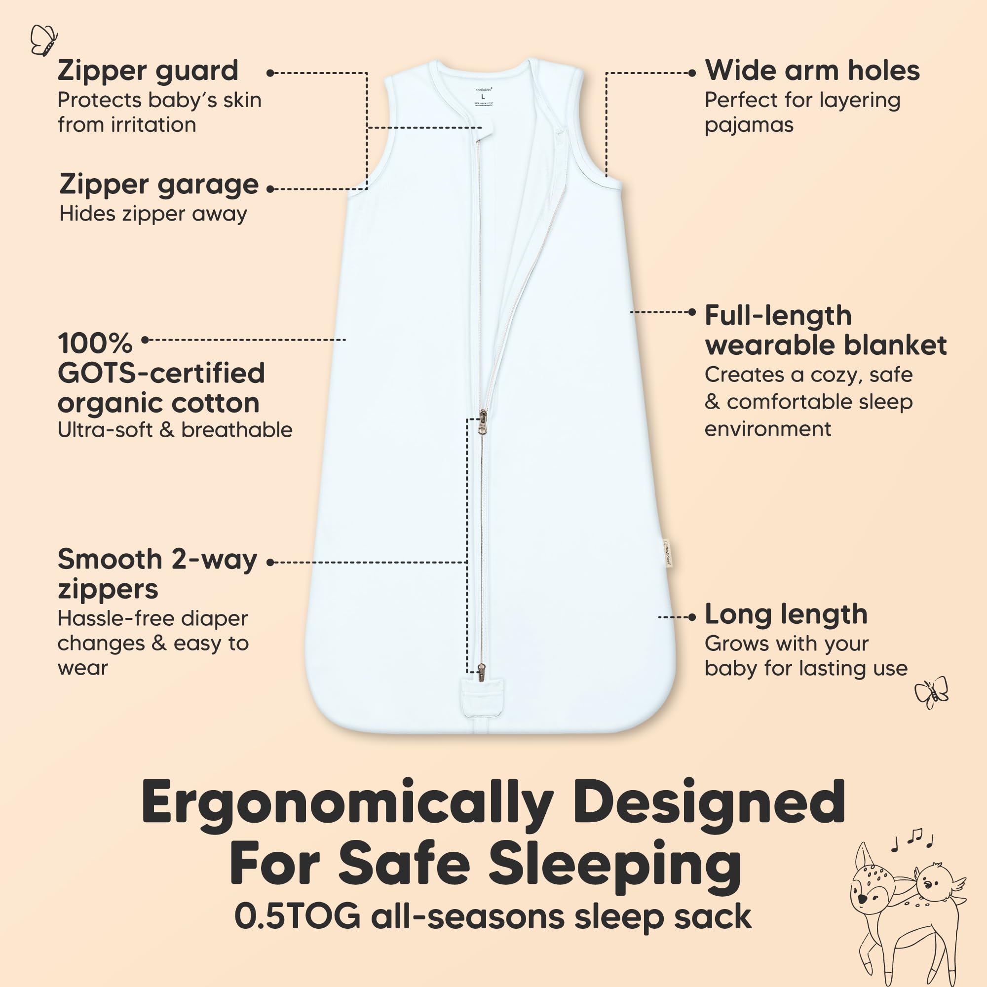 KeaBabies snooze sleep sack with 2-way zipper for easy diaper changes