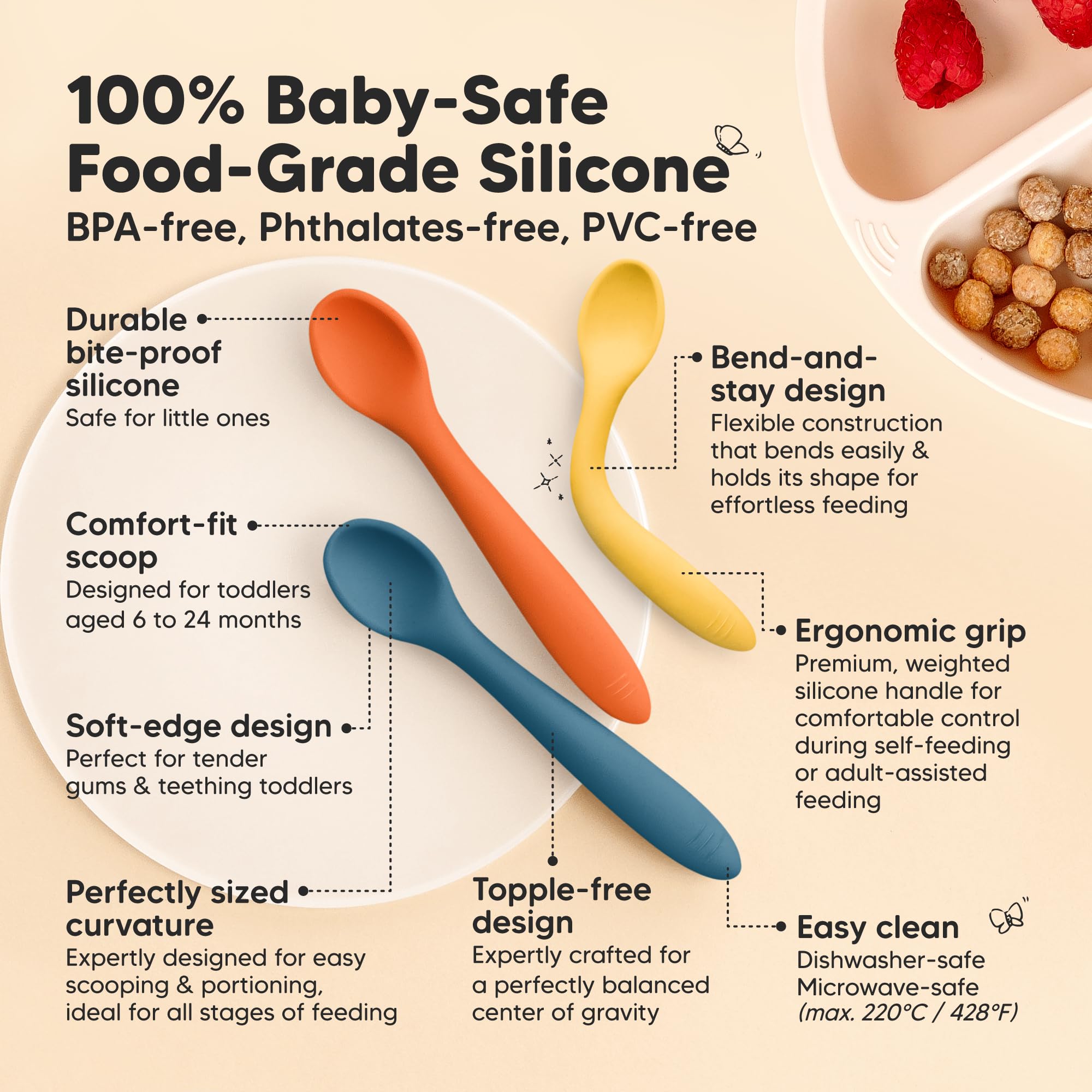 KeaBabies soft scoop spoon highlights gentle bites and secure puree holds.
