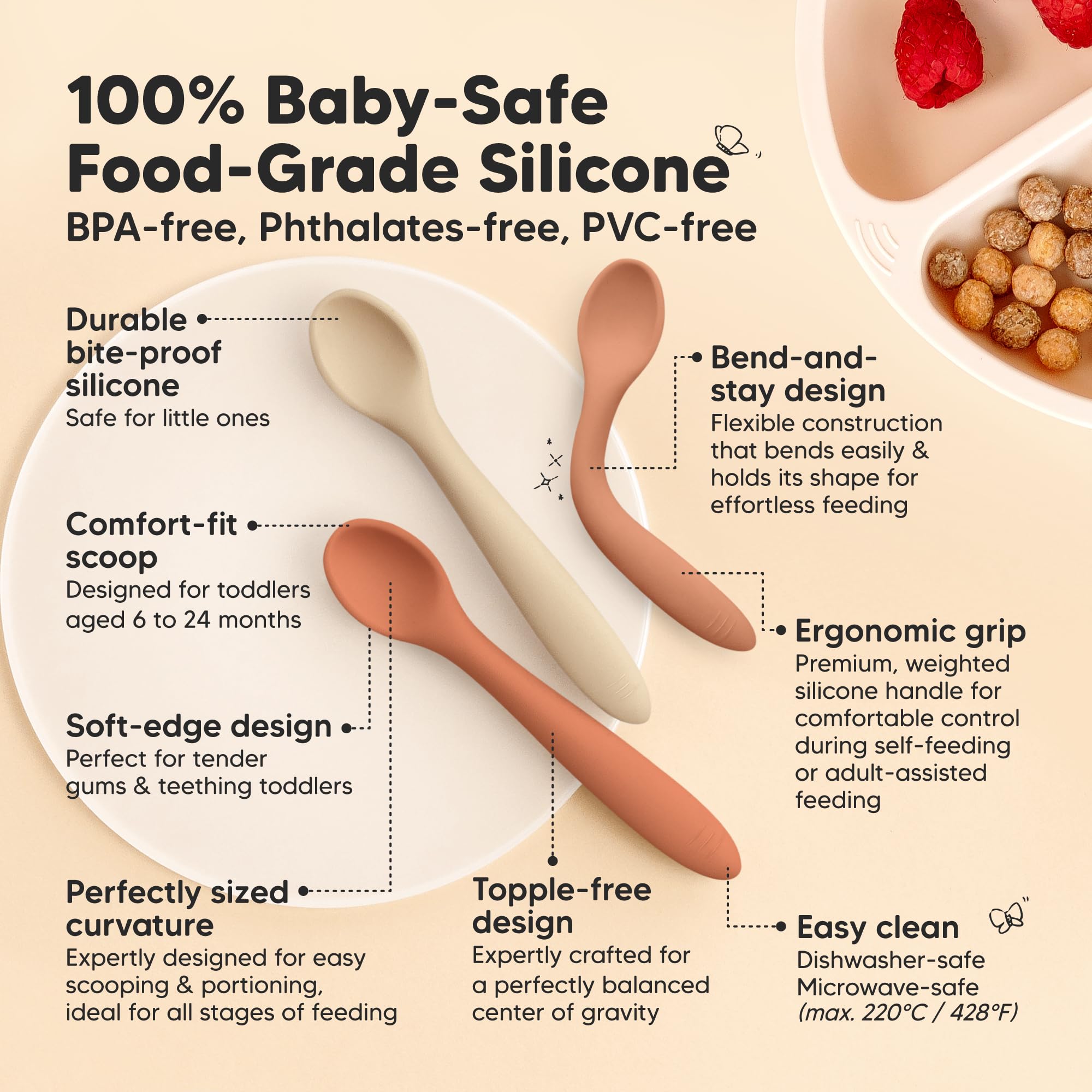 KeaBabies spoons feature rounded scoop for secure hold and easy puree transfer.
