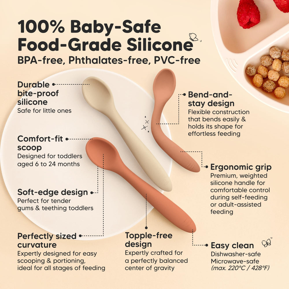 KeaBabies spoons feature rounded scoop for secure hold and easy puree transfer.