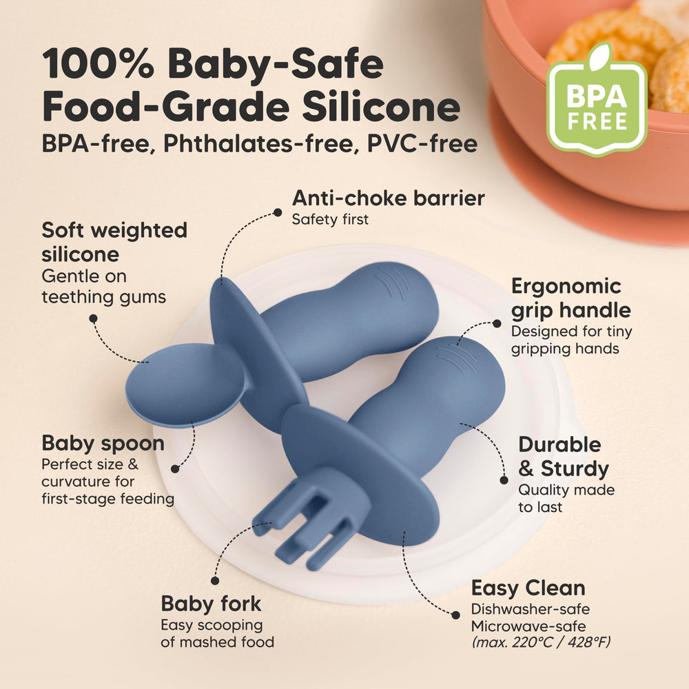 KeaBabies soft silicone spoons with ergonomic grip for tiny hands during BLW.