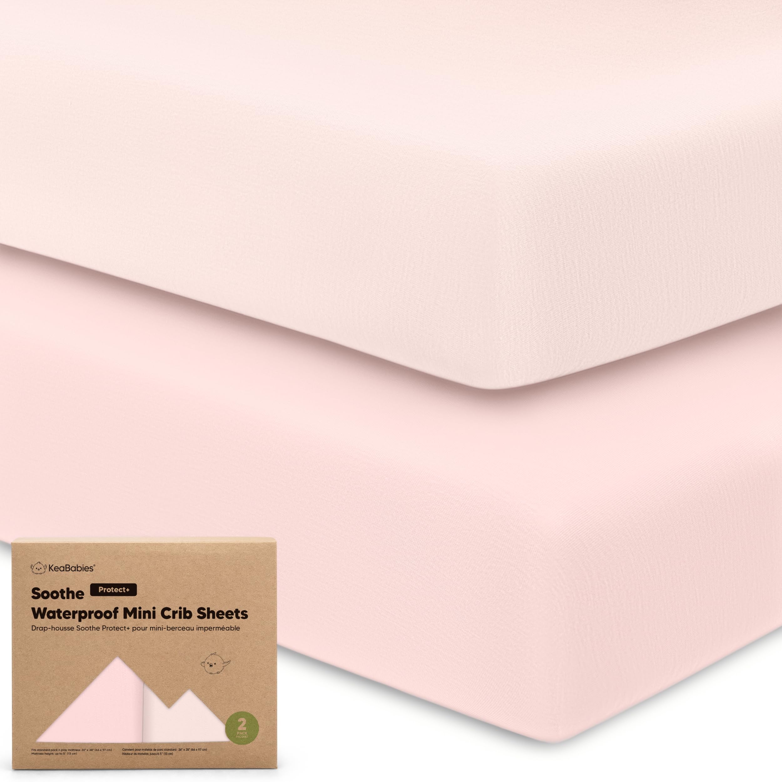 KeaBabies Soothe Protect+ two-pack mini crib sheets for 38x26 playard.