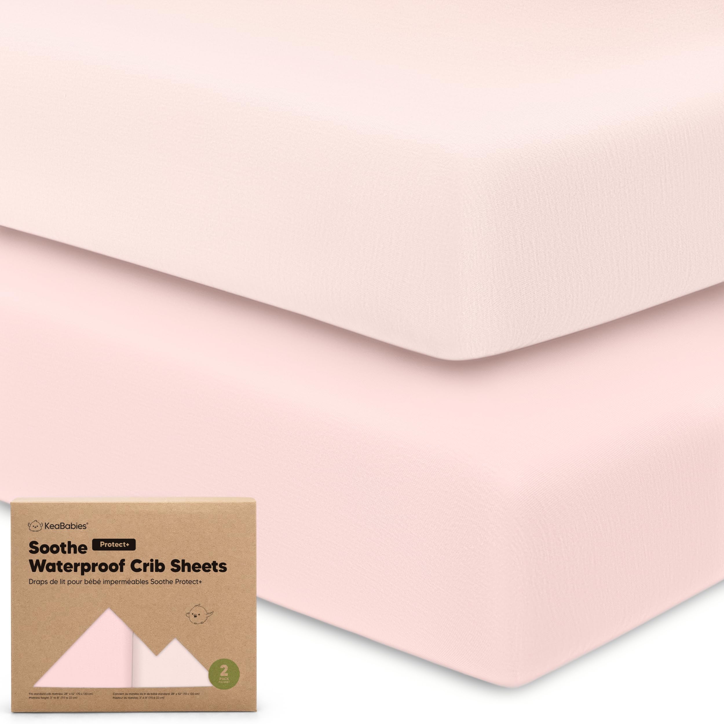 KeaBabies Soothe Protect+ 2-pack crib sheets with waterproof protection.