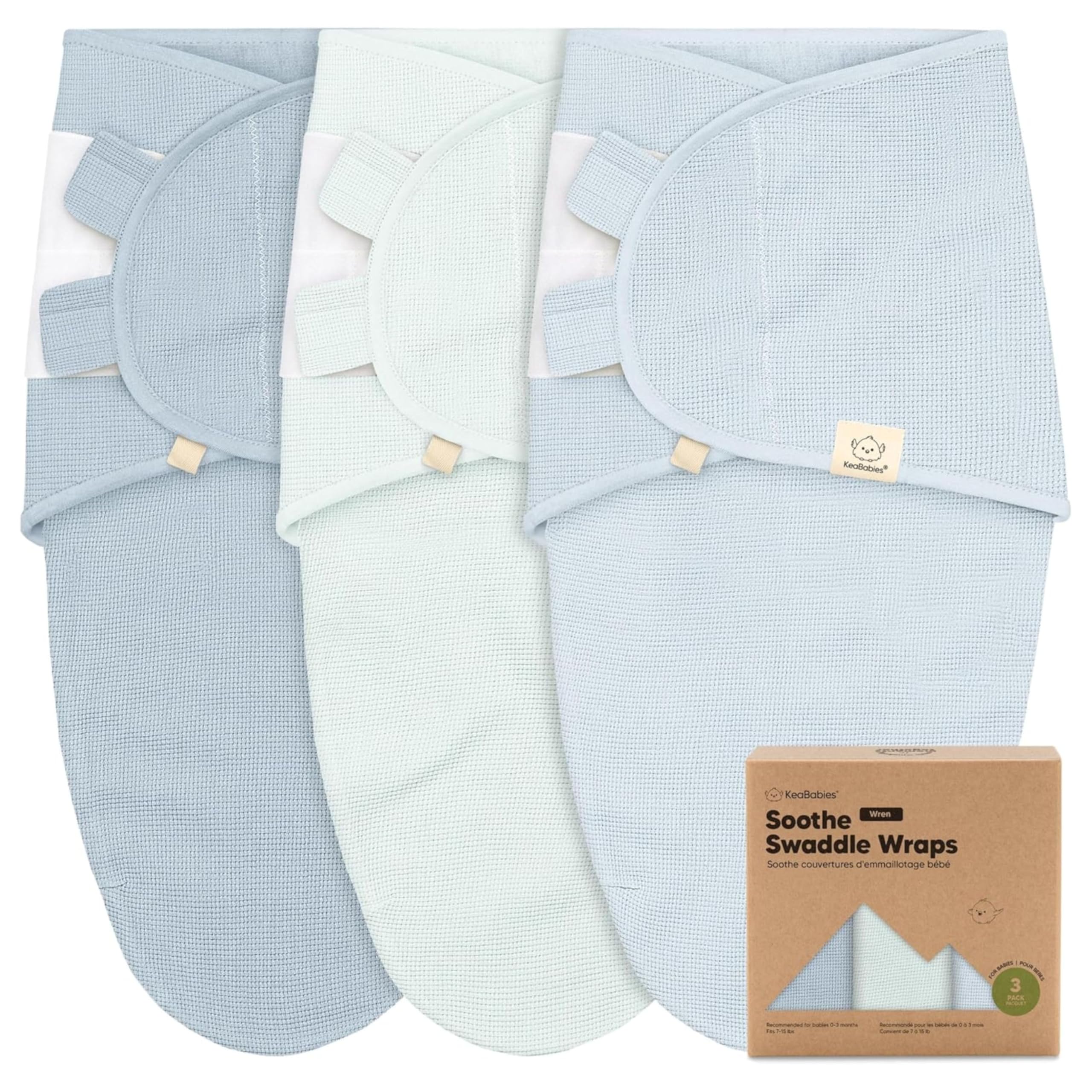 KeaBabies Soothe Wren Swaddle Wrap in Glacier for snug newborn comfort and breathability.