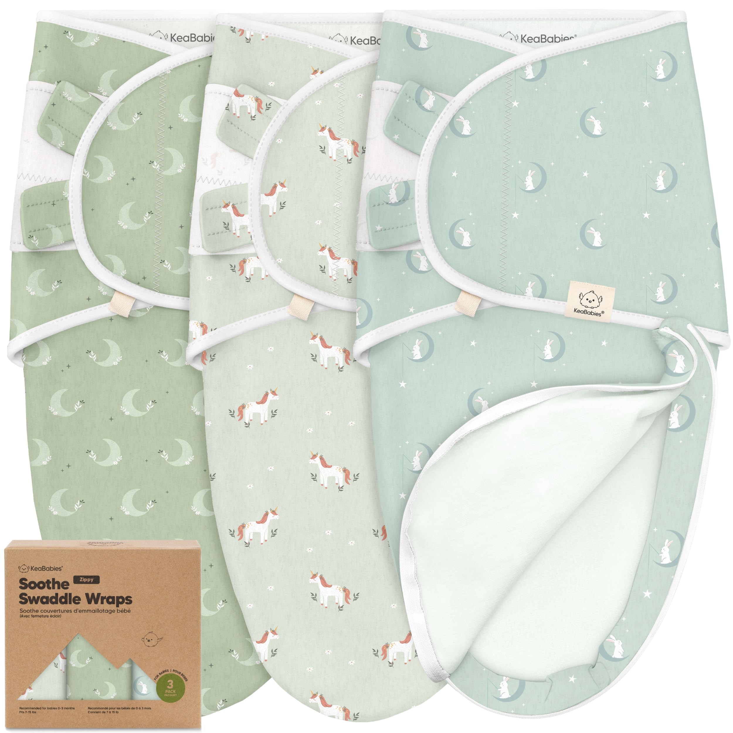 KeaBabies Soothe Zippy Swaddle hip-healthy design supports safe newborn movement.