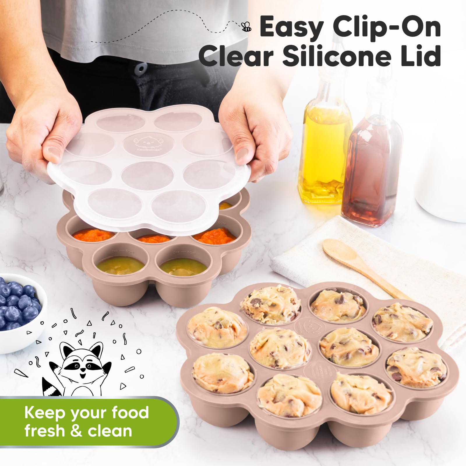 Clip-on lid keeps contents fresh in KeaBabies freezer tray