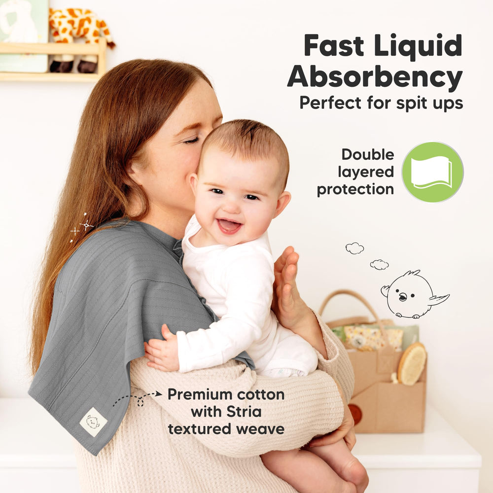 KeaBabies Stria burp cloth shows two-layer absorbent design for mess control