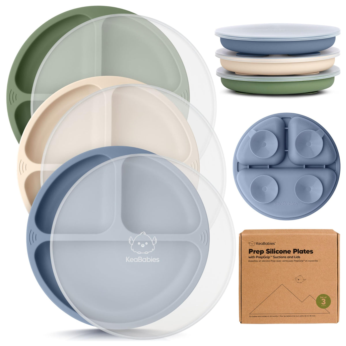 KeaBabies suction plate with lid closeup showing strong PrepGrip for mess-free meals.