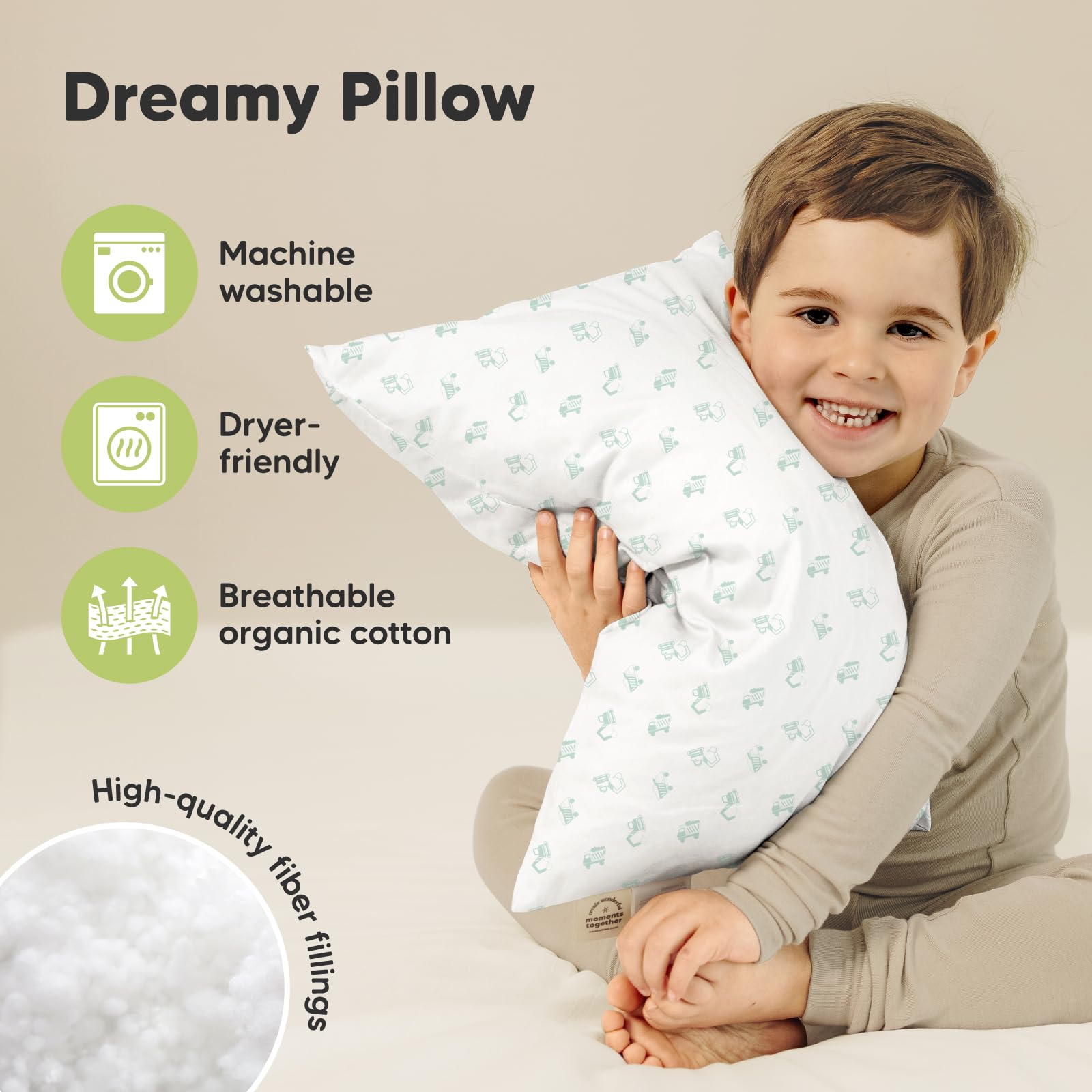 KeaBabies machine-washable toddler pillow stays clean between uses.