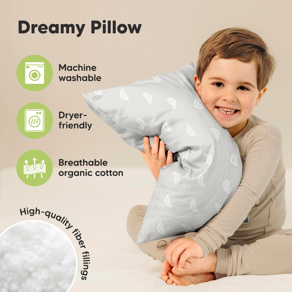 KeaBabies toddler pillow fluff demo showing full shape after unpacking.