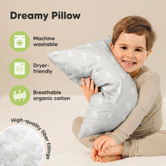 KeaBabies toddler pillow fluff demo showing full shape after unpacking.