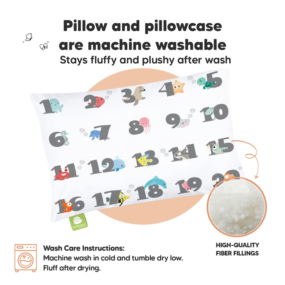 KeaBabies travel-ready toddler pillow shown in a car seat scenario.
