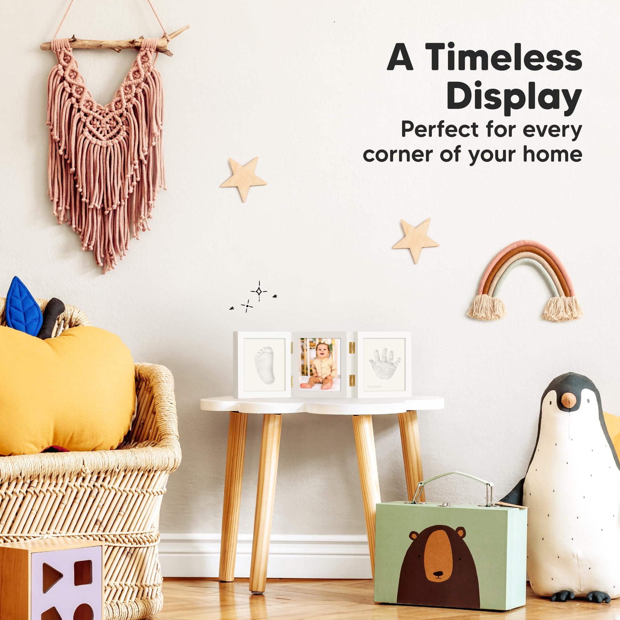 KeaBabies tri-fold wood frame protects memories with a glass cover.