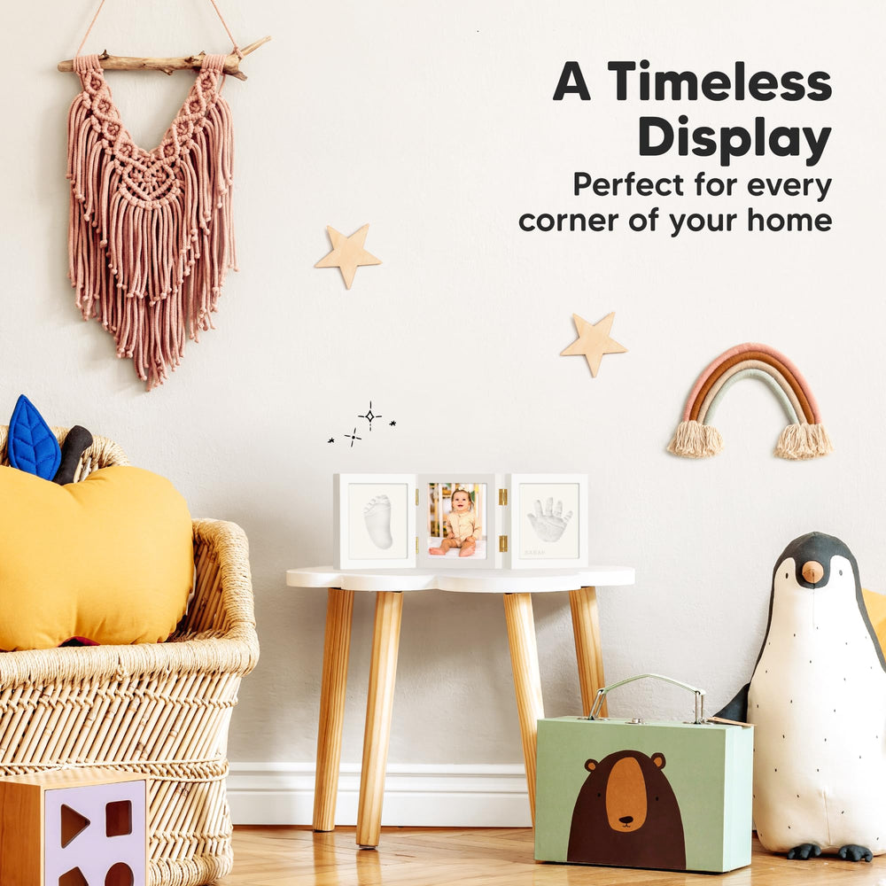 KeaBabies tri-fold wood frame protects memories with a glass cover.