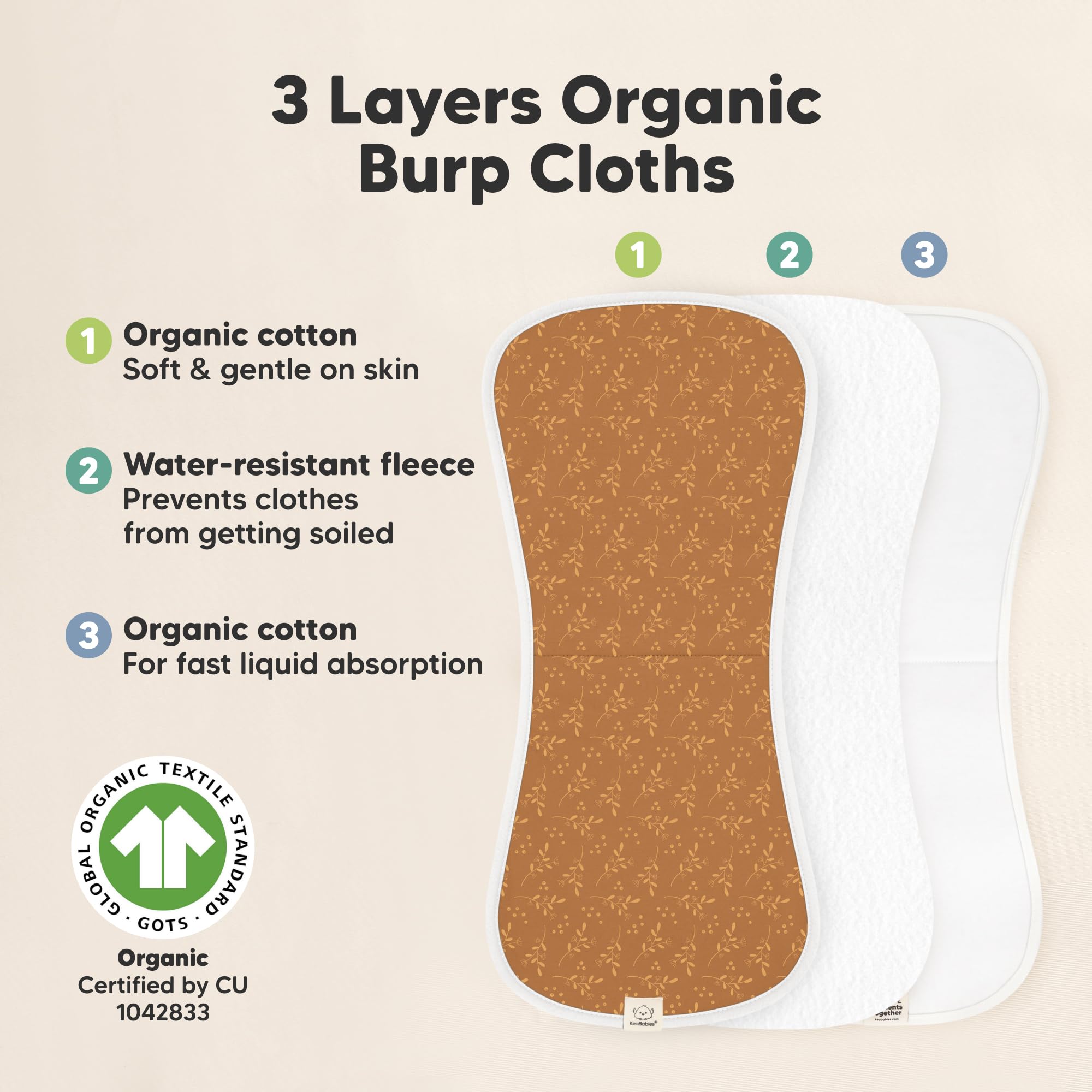 KeaBabies 21x10 size burp cloth shown for quick protection during feeds