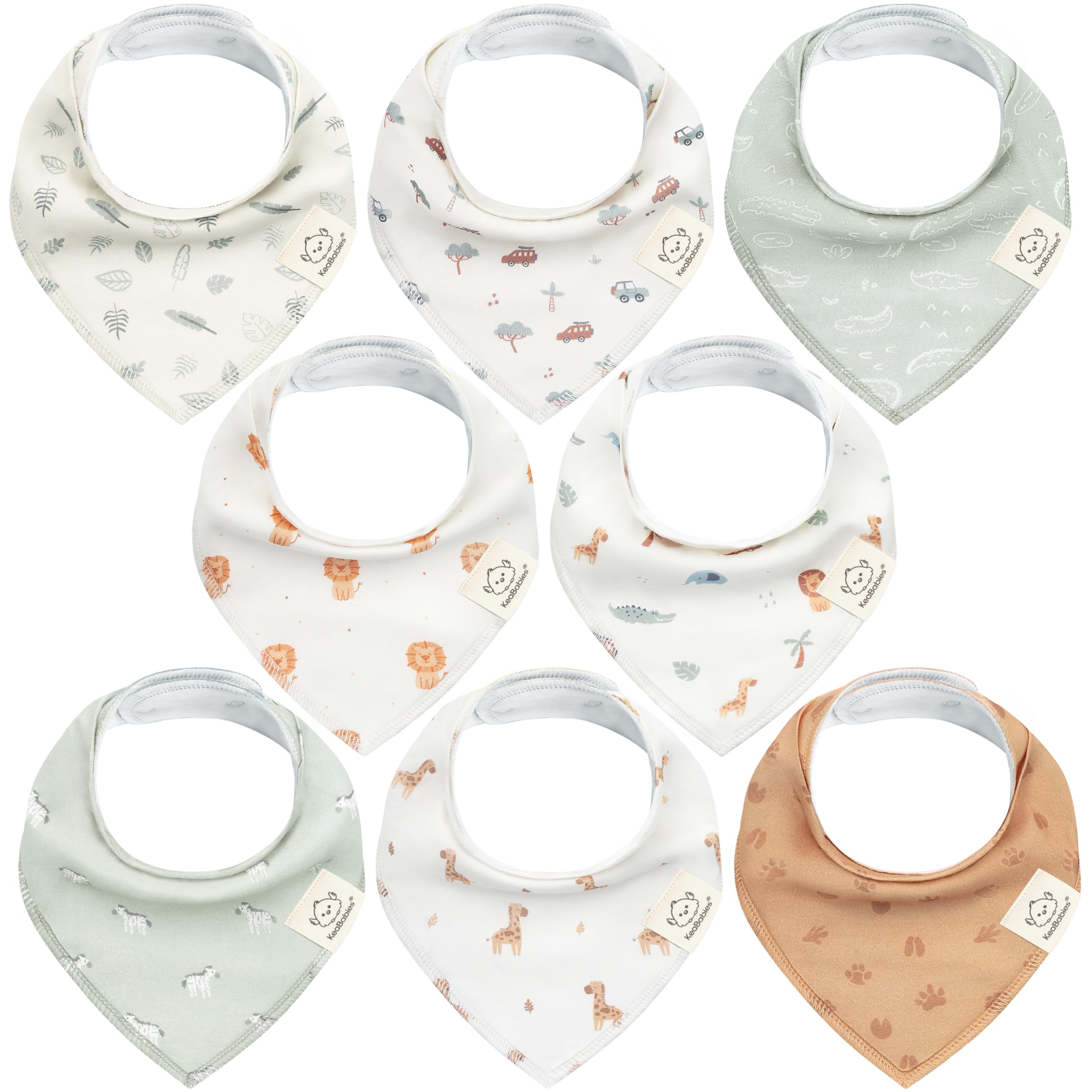 KeaBabies Wilderness 8-pack bandana bibs, ready to wear for daily drool control.