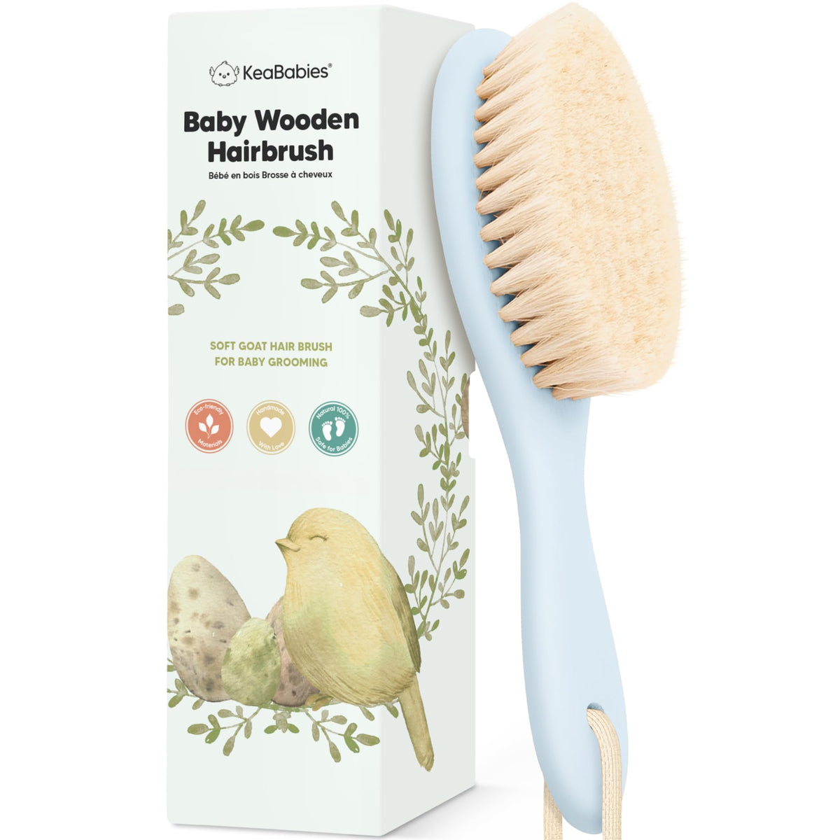 KeaBabies wooden baby hair brush with soft goat bristles for gentle scalp care