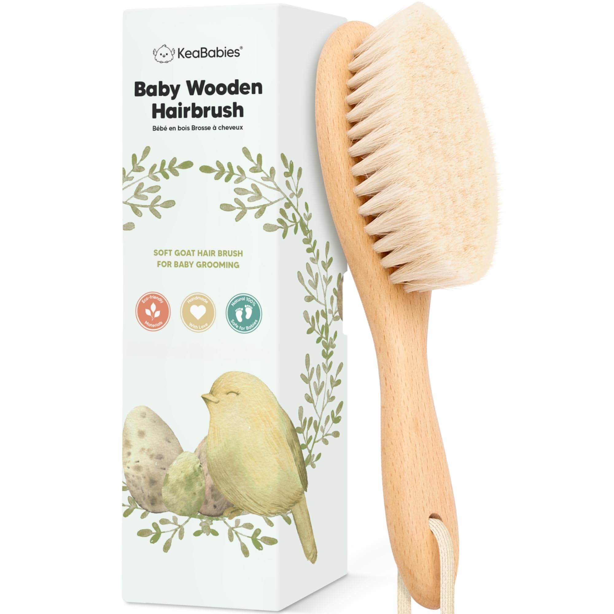 KeaBabies wooden baby hair brush with soft goat bristles for gentle scalp care.