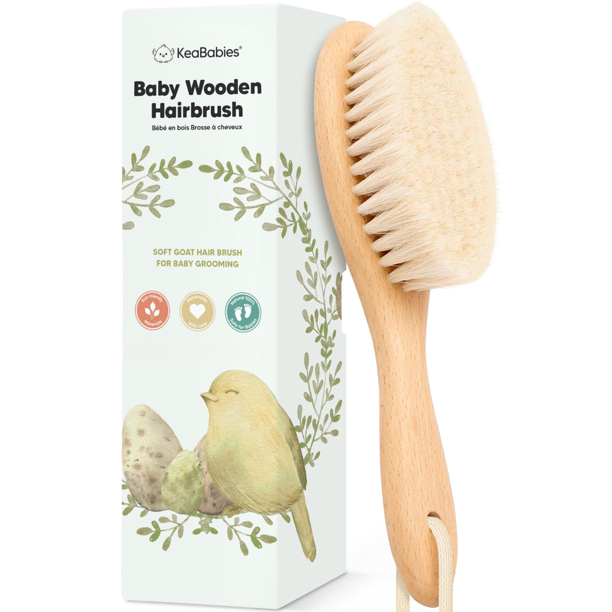 KeaBabies wooden baby hair brush with soft goat bristles for gentle scalp care.
