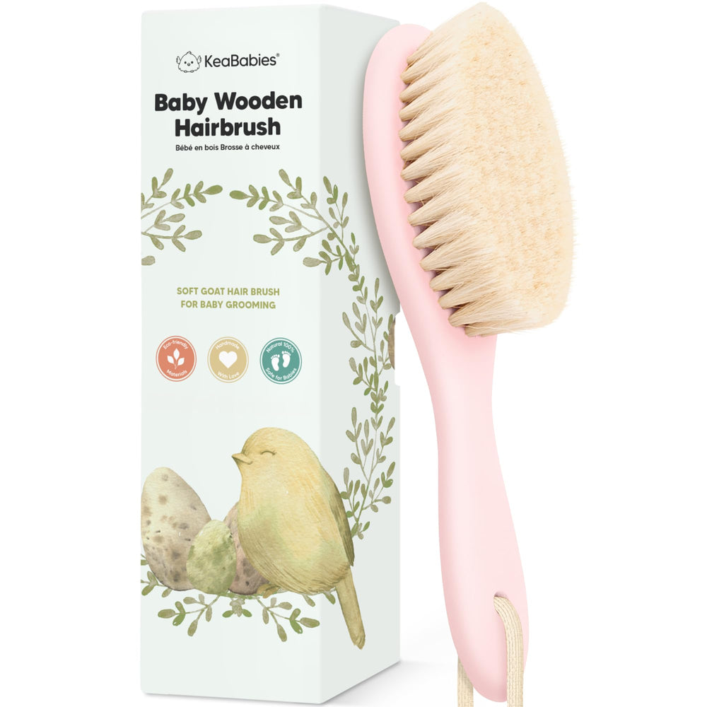 KeaBabies wooden baby hair brush with soft goat bristles for gentle scalp care