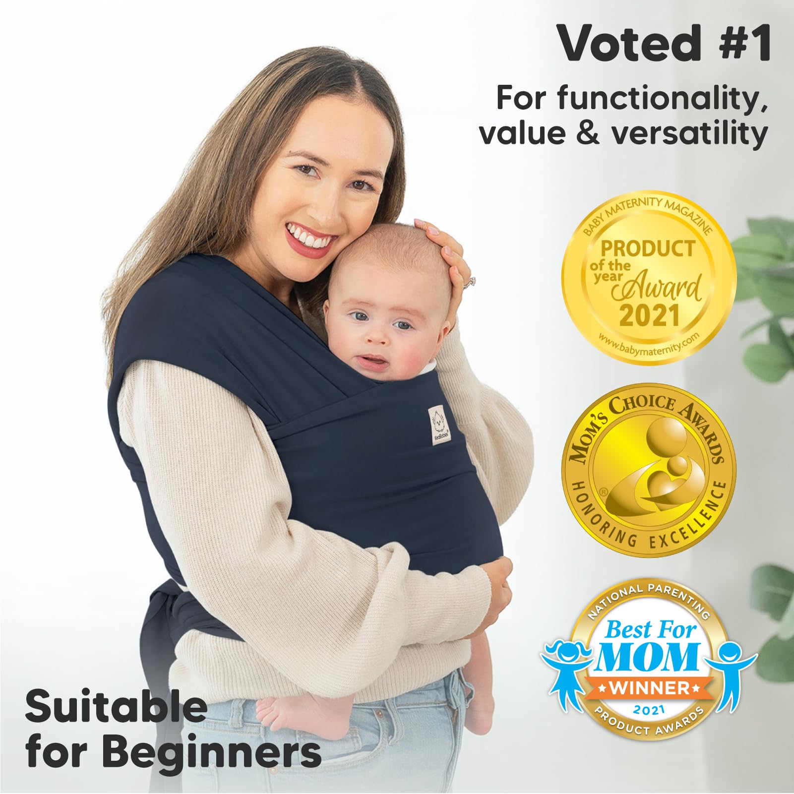 KeaBabies Midnight wrap with baby in sling shows easy-to-use design for new wearers.