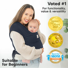 KeaBabies Midnight wrap with baby in sling shows easy-to-use design for new wearers.