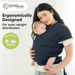 KeaBabies Midnight wrap demonstrates ergonomic support for baby hips and parent back.
