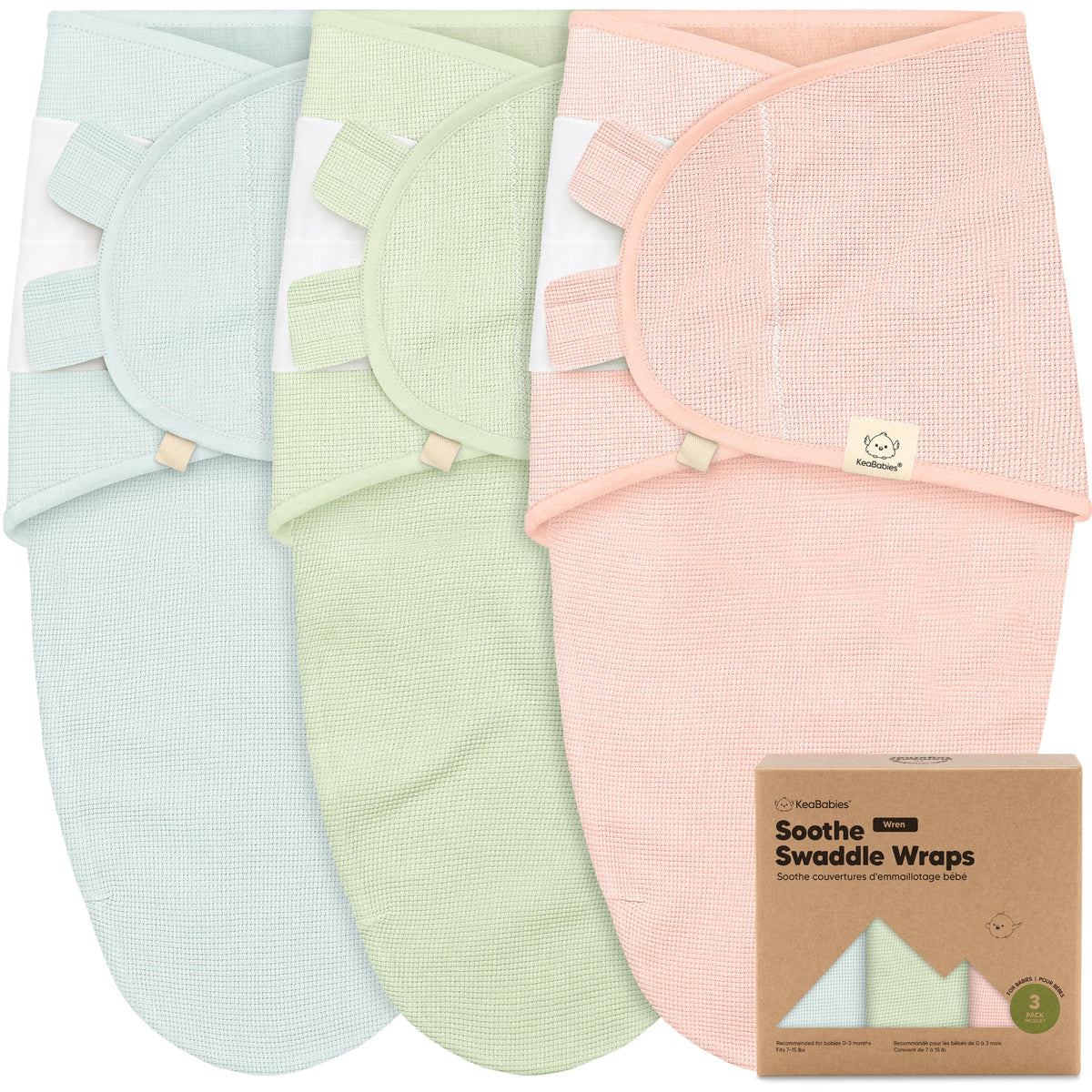 KeaBabies Soothe Wren Swaddle Pack front view shows secure newborn wrap for comfort