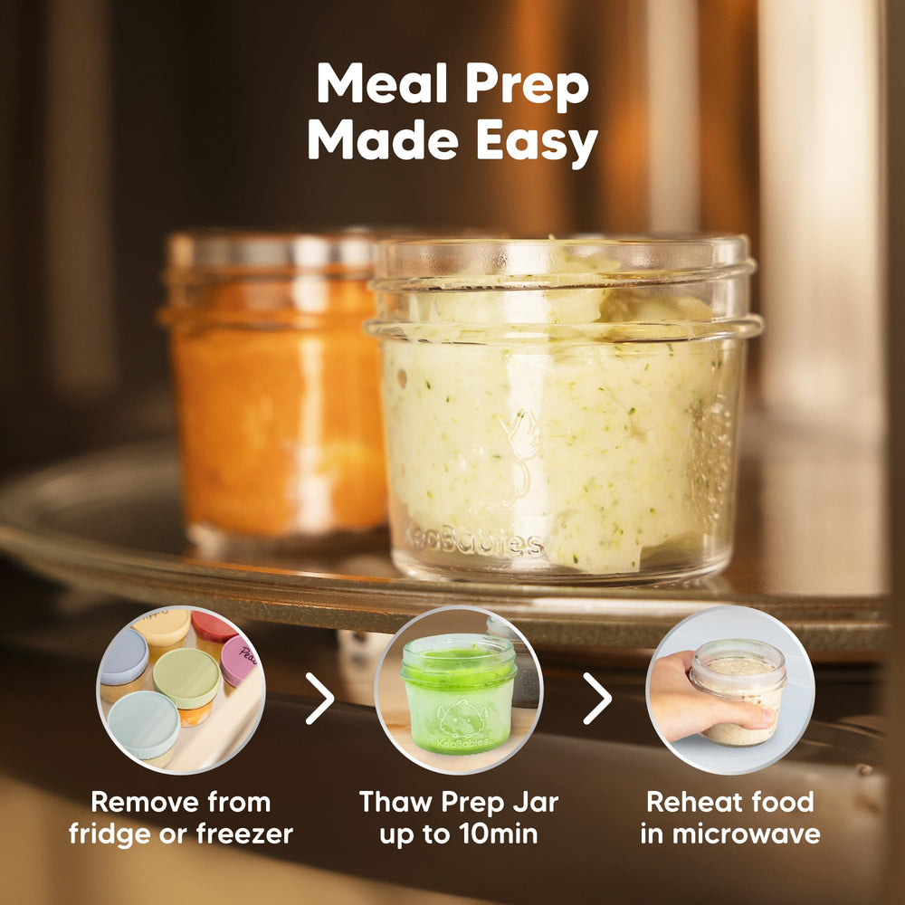 KeaBabies stackable glass jars reduce clutter on kitchen shelves.
