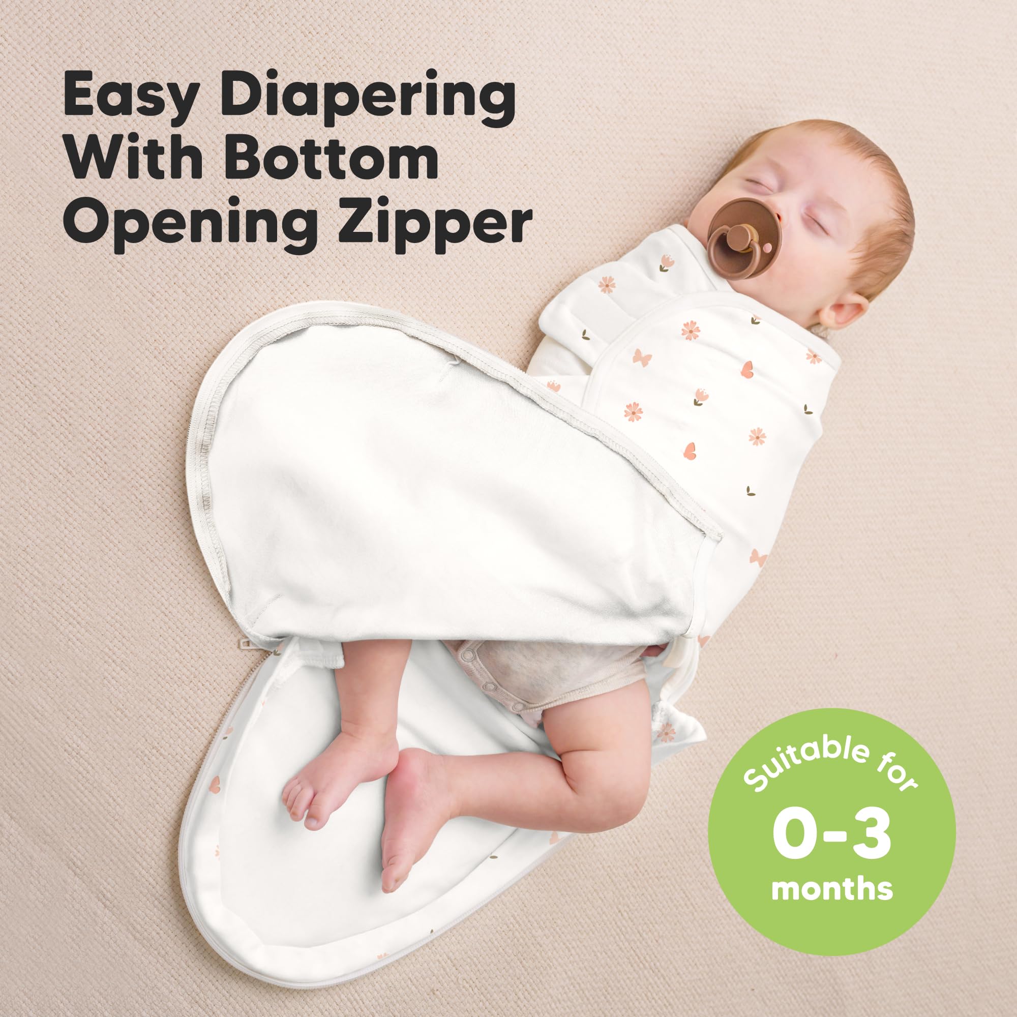 KeaBabies 3-pack swaddle with zippered design enables quick diaper changes.