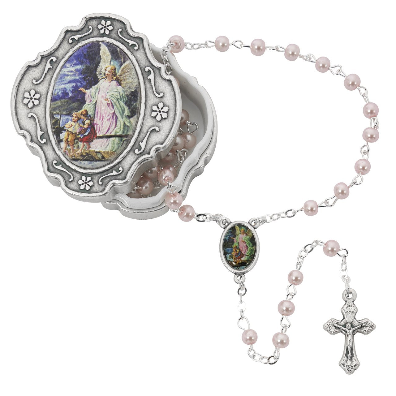 KeegansCatholicTreasures guardian angel box with pink rosary for baptism keepsake