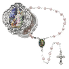 KeegansCatholicTreasures guardian angel box with pink rosary for baptism keepsake