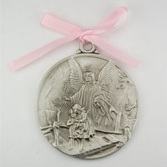 KeegansCatholicTreasures guardian angel crib medal with pink ribbon, perfect baptism keepsake