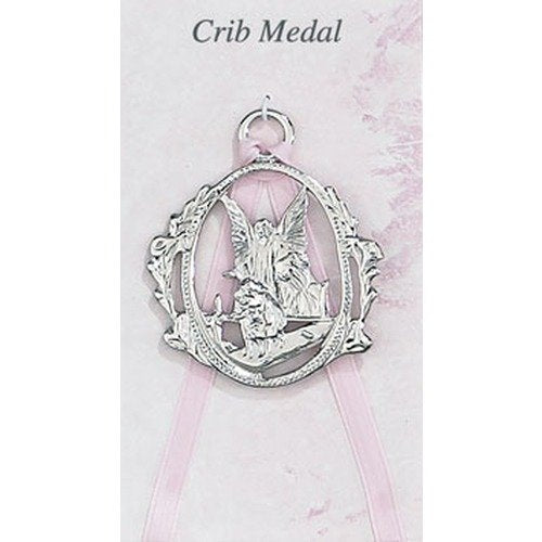KeegansCatholicTreasures McVan Guardian Angel crib medal with pink ribbon for nursery decor and keepsake