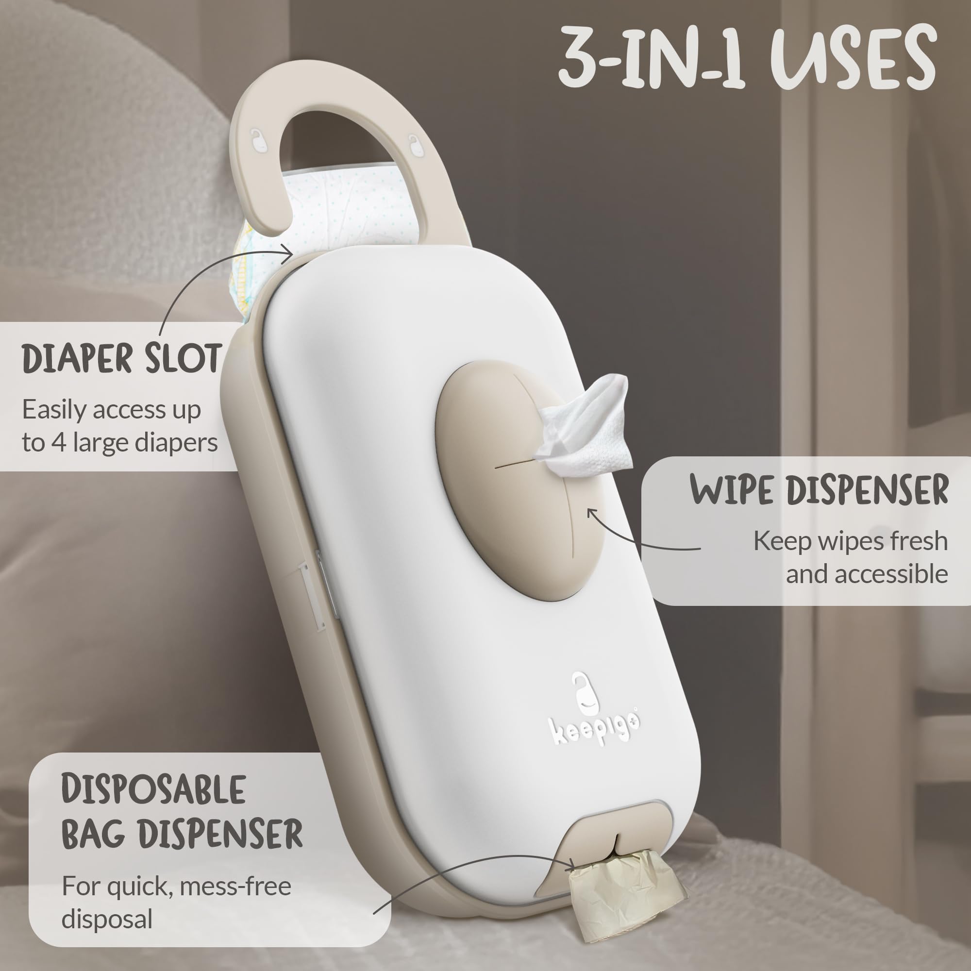 Keepigo diaper bag wipe dispenser compact design keeps wipes, diapers, and bags neatly organized for travel.