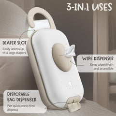 Keepigo diaper bag wipe dispenser compact design keeps wipes, diapers, and bags neatly organized for travel.